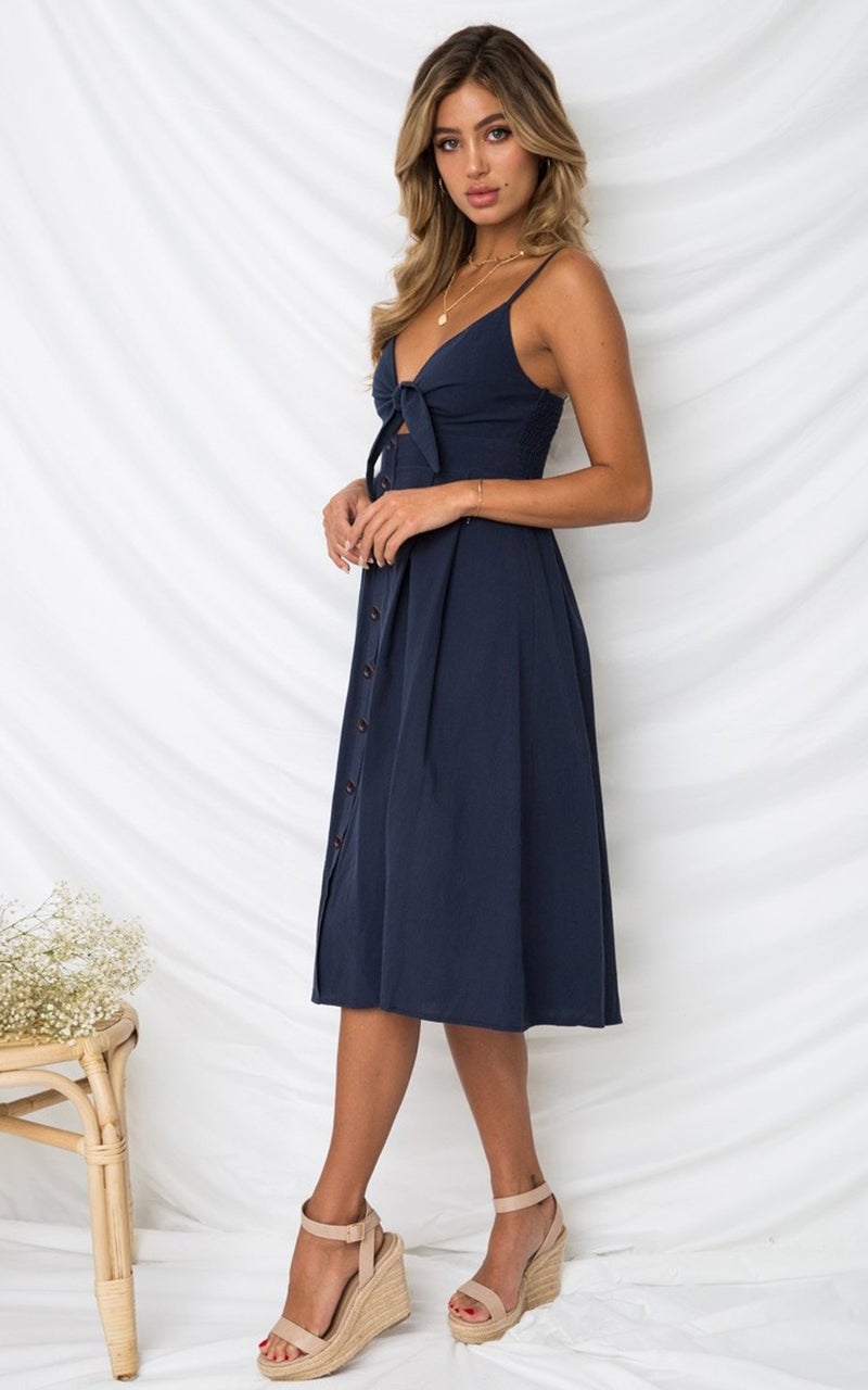 ECOWISH Women 2024 Summer Dresses Tie Front V-Neck Spaghetti Strap Button Down A-Line Backless Swing Midi Dress 572 Navy Blue S - Image 5